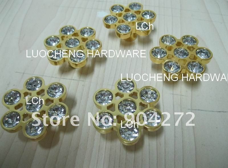 30PCS/ LOT FLOWER CLEAR CRYSTAL KNOBS WITH ALUMINIUM ALLOY GOLD METAL PART