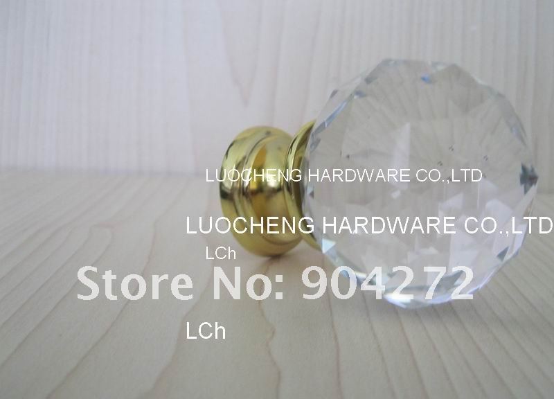 9 PCS/LOT 50MM CLEAR CRYSTAL CABINET KNOB ON A GOLD BRASS BASE