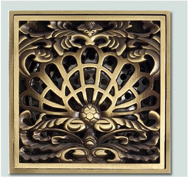 Wholesale And Retail Promotiom Euro Style Antique Brass Flower Art Carved Floor Drain Shower Square Waste Grate