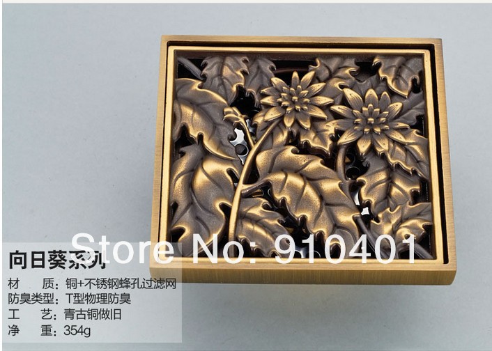 Wholesale And Retail Promotion  NEW Antique Brass Flower Carved Art Floor Drain Bathroom Register Waste Drain