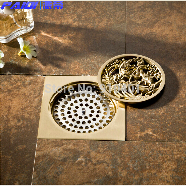Wholesale And Retail Promotion NEW Golden Brass Art Carved Bathroom Shower Drain Washer Grate Waste Floor Drain
