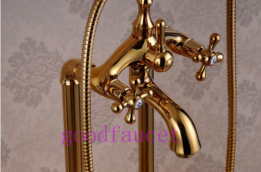 Luxury Bathroom Floor Mounted Tub Filler & Handheld Shower Clawfoot Tub Faucet Golden Floor Stand Faucets