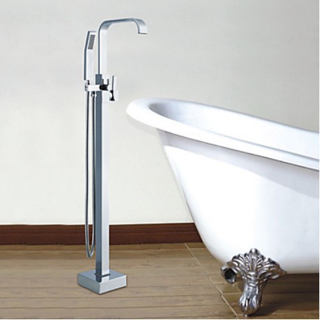 NEW Contemporary  Floor Mounted Standing Bathtub Faucet Tap Set &Hand Shower Tub Filler Chrome Finish