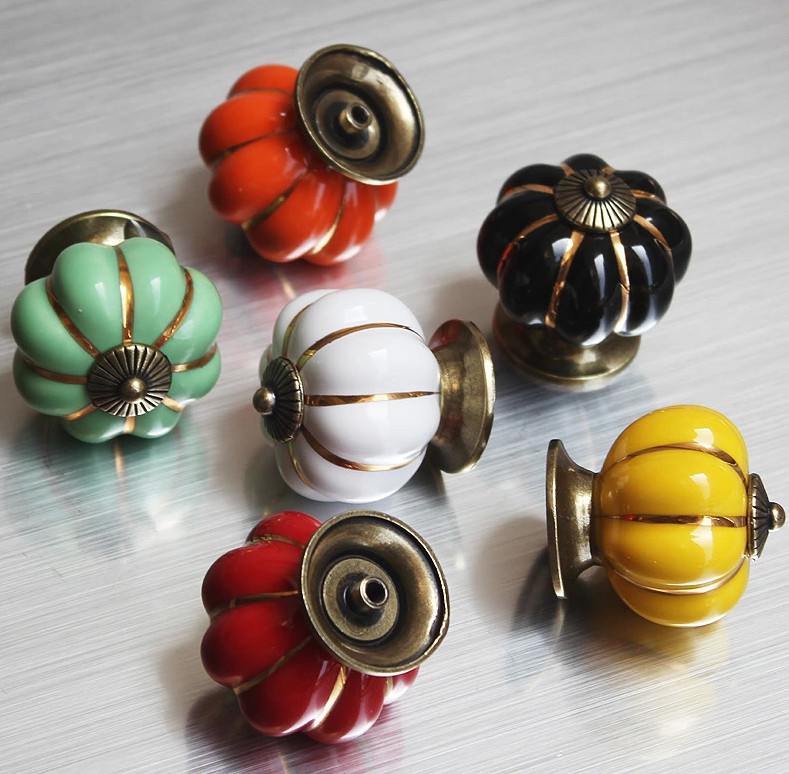10pcs Cute six color cartoon pumpkin ceramic handles shake handshandle European rural cabinets knobs wardrobe door