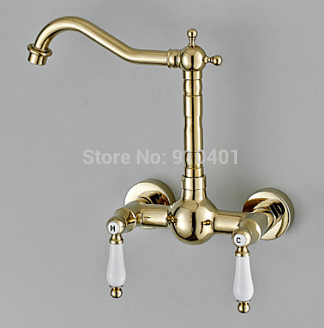 Wholesale And Rerail Promotion Golden Brass Wall Mounted Kitchen Faucet Swivel Spout Sink Mixer Tap Dual Handle