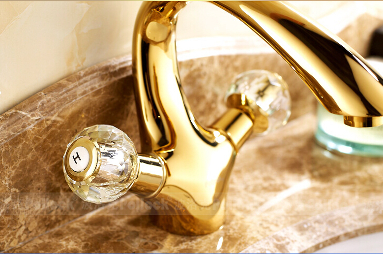 Wholesale And Retail Promotion Deck Mounted Golden Brass Bathroom Basin Faucet Vanity Sink Mixer Tap Dual Lever