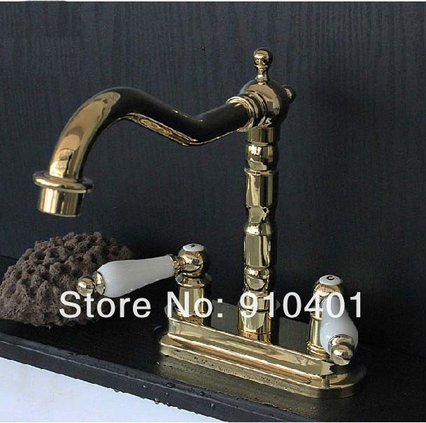 Wholesale And Retail Promotion Deck Mounted Golden Brass Bathroom Faucet Dual Ceramic Handles Sink Mixer Tap