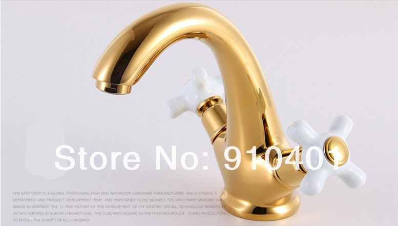 Wholesale And Retail Promotion Deck Mounted Polished Golden Finish Bathroom Faucet Dual White Cross Handles Tap