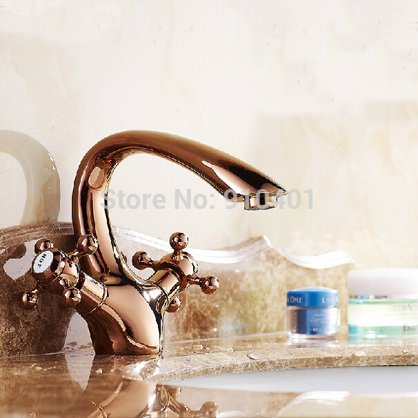Wholesale And Retail Promotion Deck Mounted Rose Golden Bathroom Basin Faucet Dual Cross Handles Sink Mixer Tap