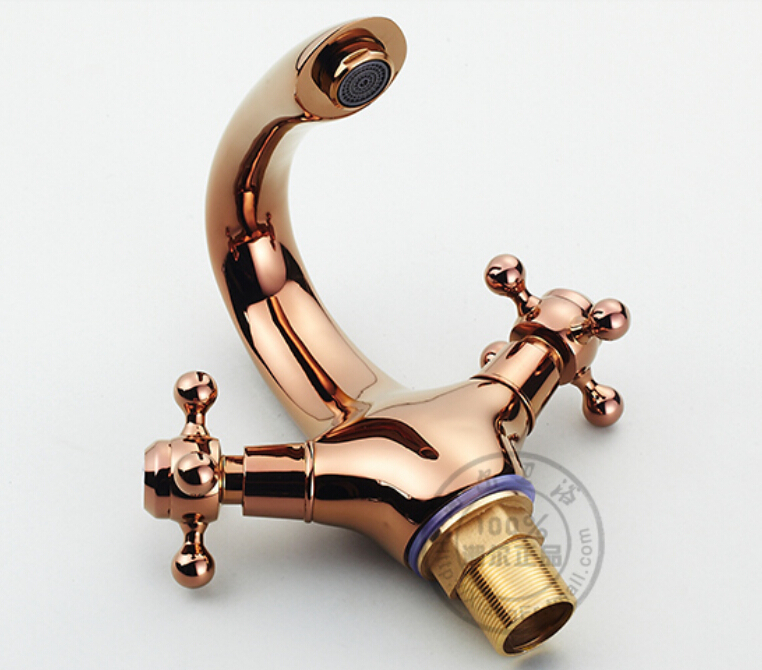 Wholesale And Retail Promotion Deck Mounted Rose Golden Bathroom Basin Faucet Dual Cross Handles Sink Mixer Tap