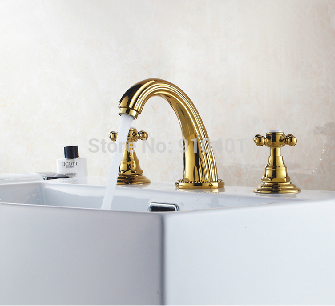 Wholesale And Retail Promotion Euro Golden Brass Bathroom Widespread Basin Faucet Carved Art Vanity Sink Mixer