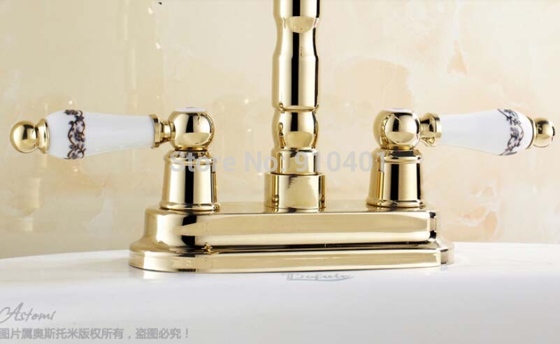 Wholesale And Retail Promotion Golden Brass Deck Mounted Bathroom Basin Faucet Dual Ceramic Hanldes Mixer Tap