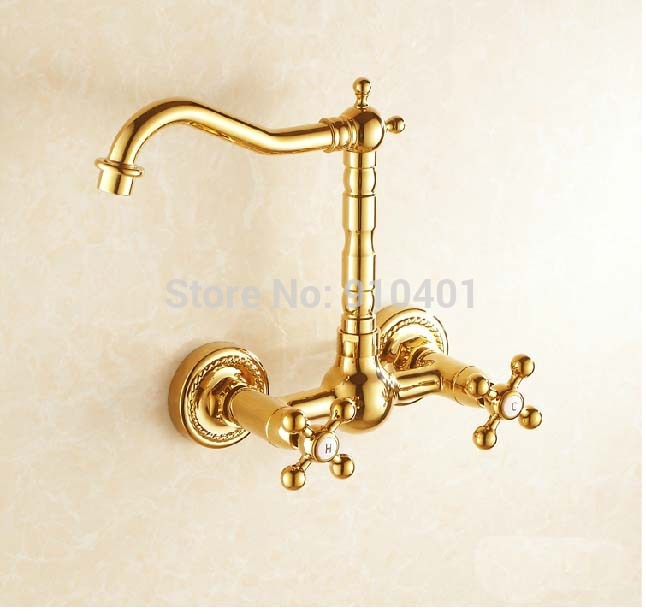 Wholesale And Retail Promotion Golden Brass Wall Mounted Bathroom Kitchen Faucet Tall Swivel Spout Sink Mixer