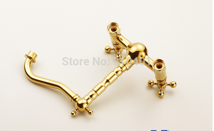 Wholesale And Retail Promotion Golden Brass Wall Mounted Bathroom Kitchen Faucet Tall Swivel Spout Sink Mixer