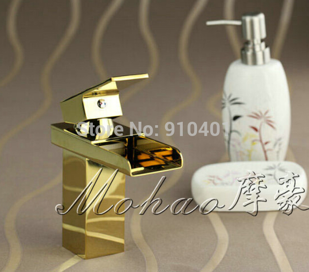 Wholesale And Retail Promotion Golden Brass Waterfall Bathroom Basin Faucet Single Handle Vanity Sink Mixer Tap