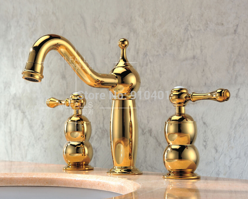Wholesale And Retail Promotion Golden Brass Widespread Deck Mounted Bathroom Faucet Dual Handles Sink Mixer Tap