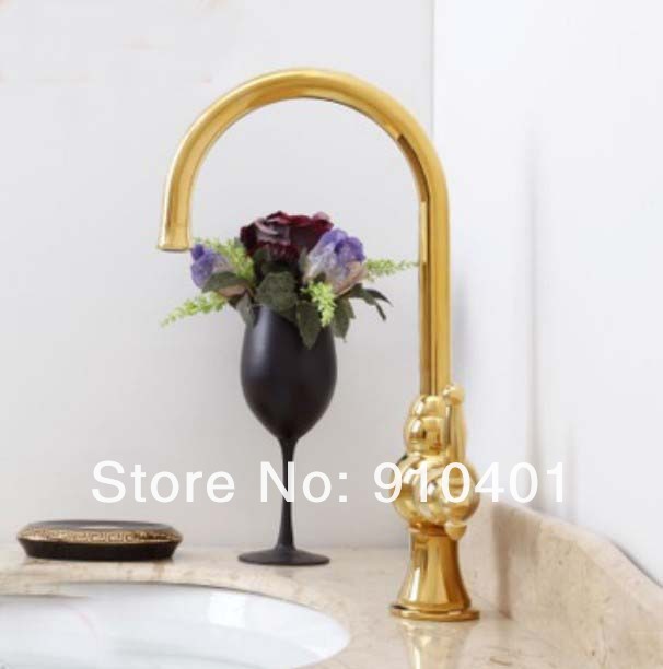 Wholesale And Retail Promotion Golden Finish Solid Brass Kitchen Faucet Swivel Spout Sink Mixer Tap One Handle