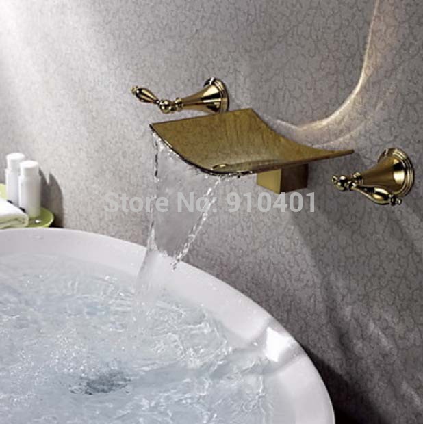 Wholesale And Retail Promotion Golden Finish Wall Mounted Waterfall Bathroom Faucet Widespread Sink Mixer Tap