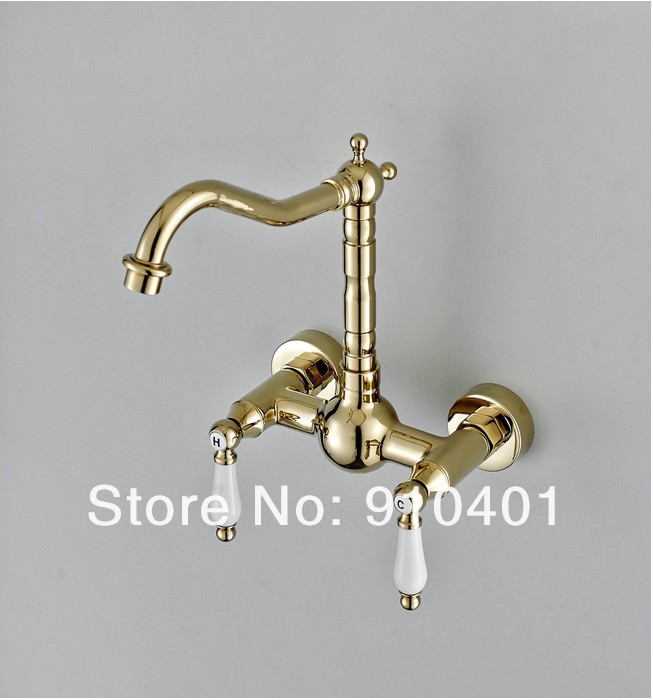 Wholesale And Retail Promotion Golden Wall Mounted Bathroom Basin Faucet Dual Ceramic Handles Sink Mixer Tap