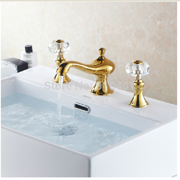 Wholesale And Retail Promotion Luxury Euro Style Golden Brass Bathroom Basin Faucet Dual Handles Sink Mixer Tap