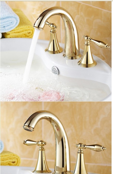 Wholesale And Retail Promotion Luxury Golden Finish Brass Bathroom 3 Holes Sink Faucet Dual Handles Mixer Tap
