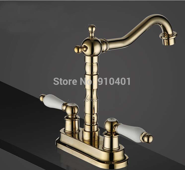 Wholesale And Retail Promotion Modern Deck Mounted 4" Golden Brass Bathroom Basin Faucet Vanity Sink Mixer Tap