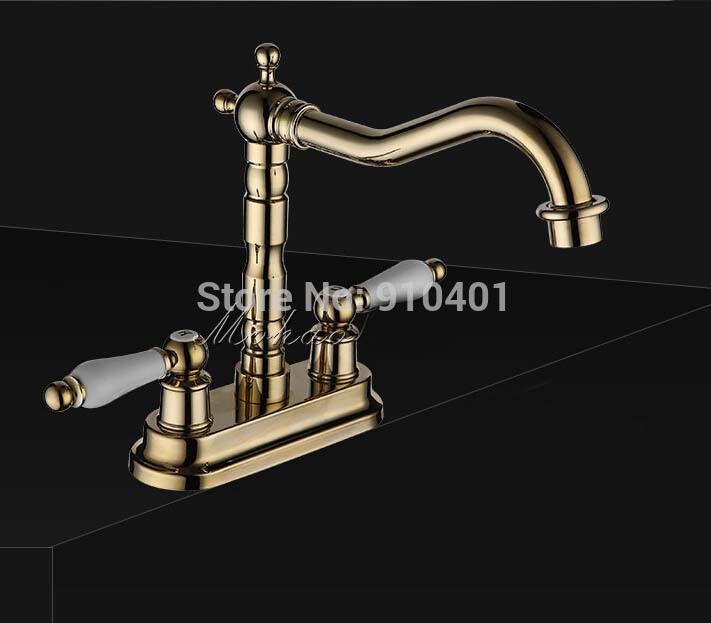 Wholesale And Retail Promotion Modern Deck Mounted 4" Golden Brass Bathroom Basin Faucet Vanity Sink Mixer Tap