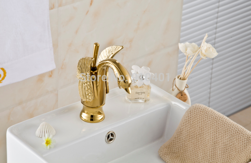 Wholesale And Retail Promotion Modern Golden Brass Bathroom Basin Swan Faucet Deck Mount Vanity Sink Mixer Tap