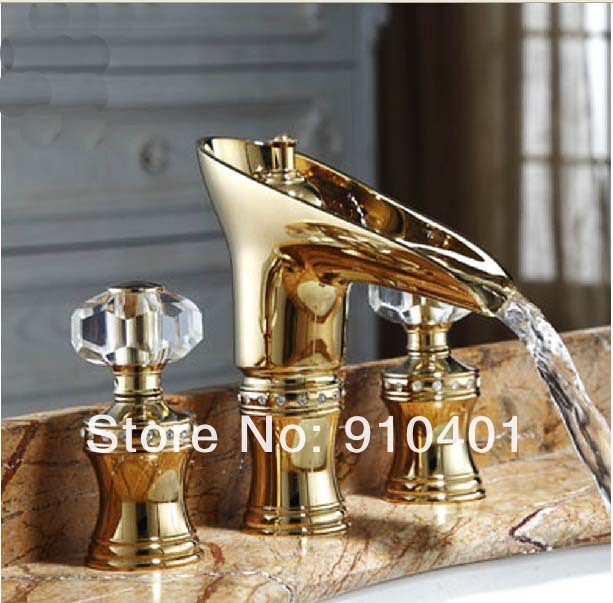 Wholesale And Retail Promotion Modern Luxury Golden Brass Waterfall Bathroom Faucet Dual Handles Sink Mixer Tap