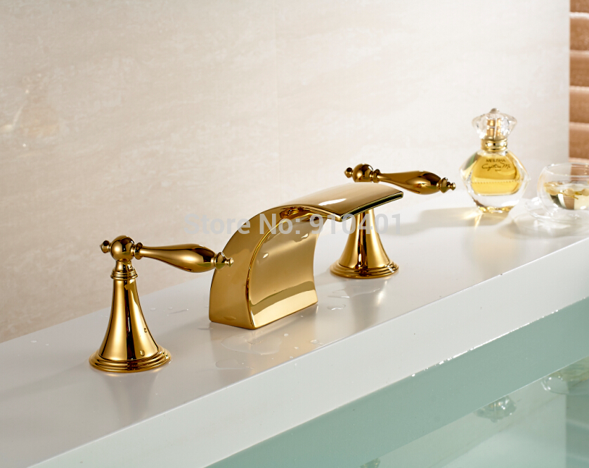 Wholesale And Retail Promotion Modern Widespread Golden Brass Bathroom Basin Faucet Dual Handles Sink Mixer Tap