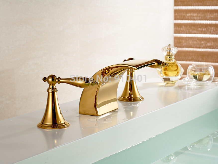 Wholesale And Retail Promotion Modern Widespread Golden Brass Bathroom Basin Faucet Dual Handles Sink Mixer Tap