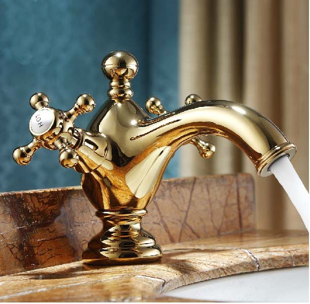 Wholesale And Retail Promotion NEW Golden Brass Dual Handles Single Hole Vanity Sink Mixer Tap Bathroom Faucet