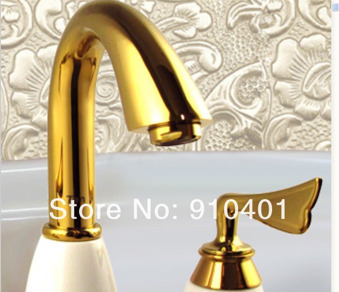 Wholesale And Retail Promotion NEW Golden Finish Solid Brass Bathroom Basin Faucet Dual Handles Sink Mixer Tap