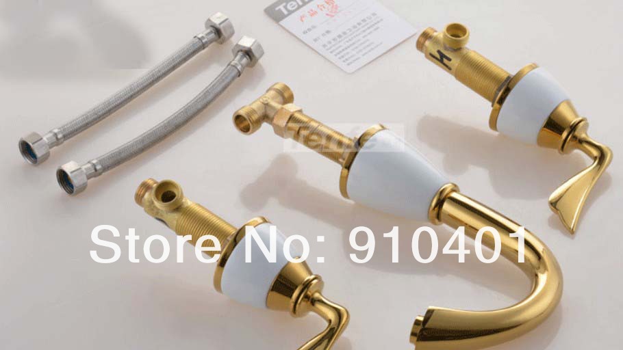 Wholesale And Retail Promotion NEW Golden Finish Solid Brass Bathroom Basin Faucet Dual Handles Sink Mixer Tap