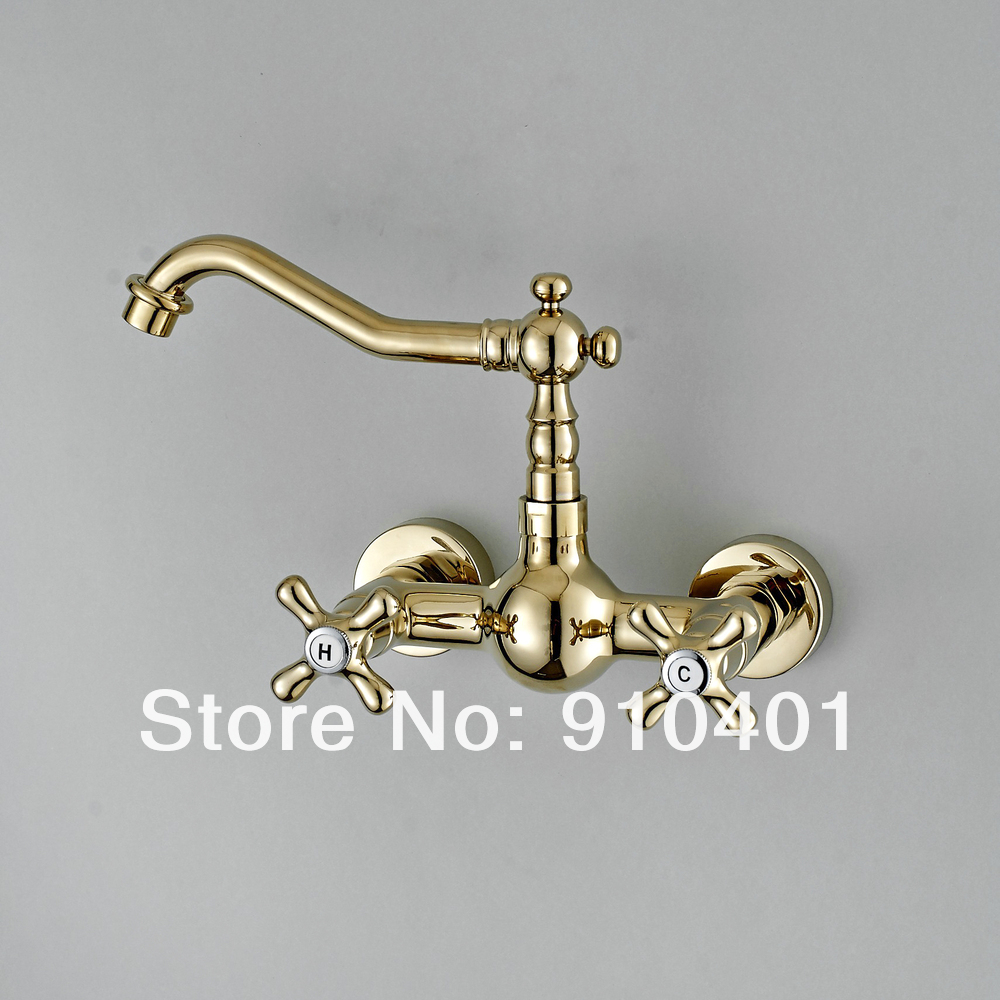 Wholesale And Retail Promotion NEW Golden Finish Wall Mount Bathroom Basin Faucet Dual Handles Sink Mixer Tap