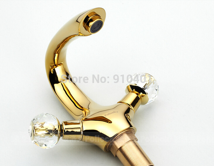 Wholesale And Retail Promotion NEW Golden Plate Deck Mounted Bathroom Basin Faucet Dual Handle Sink Mixer Tap