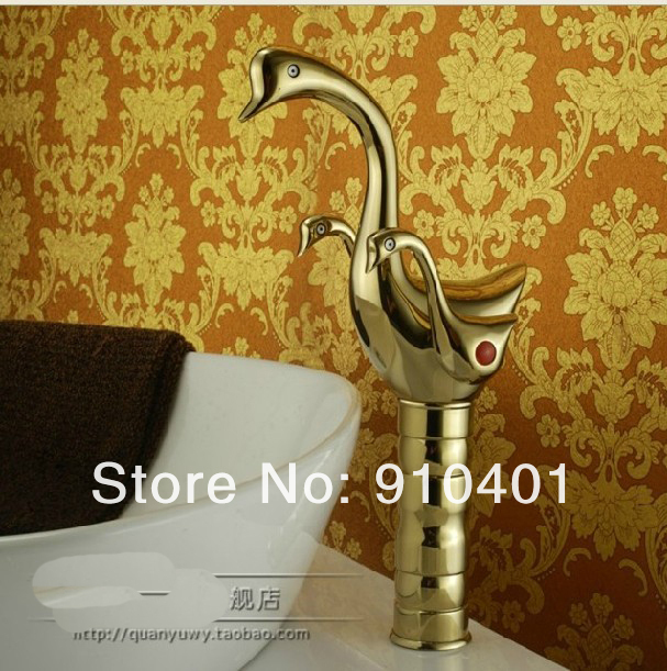 Wholesale And Retail Promotion NEW Luxury Deck Mounted Golden Brass Bathroom Swan Faucet Dual Handles Mixer Tap