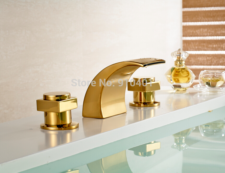 Wholesale And Retail Promotion Ti-PVD Deck Mounted Waterfall Basin Faucet Dual Handles Vanity Sink Mixer Tap