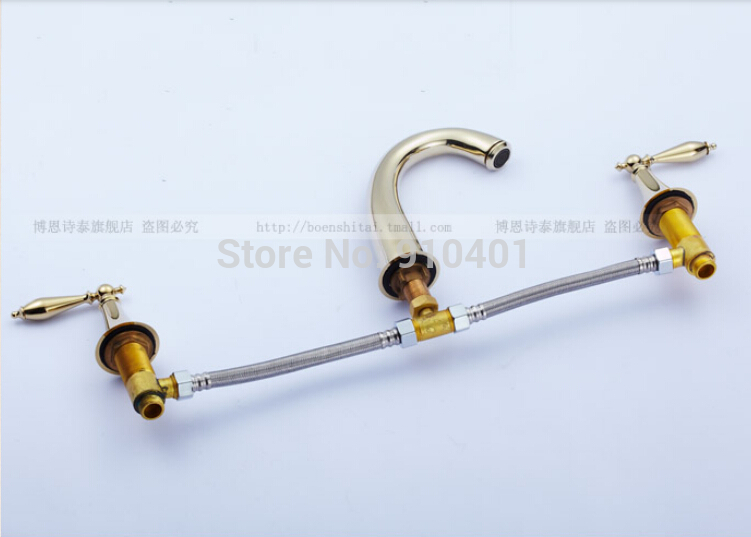 Wholesale And Retail Promotion Widespread Golden Brass Bathroom Basin Faucet Dual Handles Vanity Sink Mixer Tap