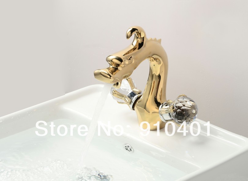 Wholesale and Retail Promotion NEW Polished Golden Bathroom Basin Dragon Faucet Dual Crystal Handle Mixer Tap