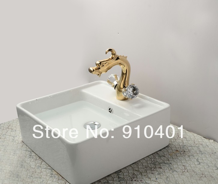 Wholesale and Retail Promotion NEW Polished Golden Bathroom Basin Dragon Faucet Dual Crystal Handle Mixer Tap