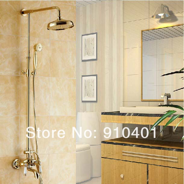 Wholesale And Retail Promotion Luxury Golden Brass Shower Faucet Set Dual Ceramic Handle Tub Mixer Hand Shower