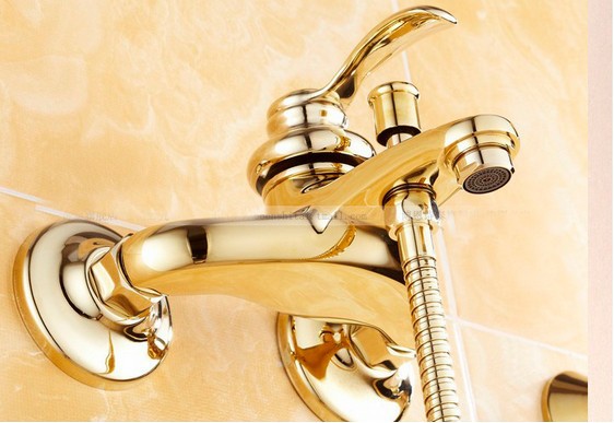 Wholesale And Retail  Promotion Luxury Wall Mounted Bathroom Tub Faucet With Ceramic Hand Shower Golden Finish