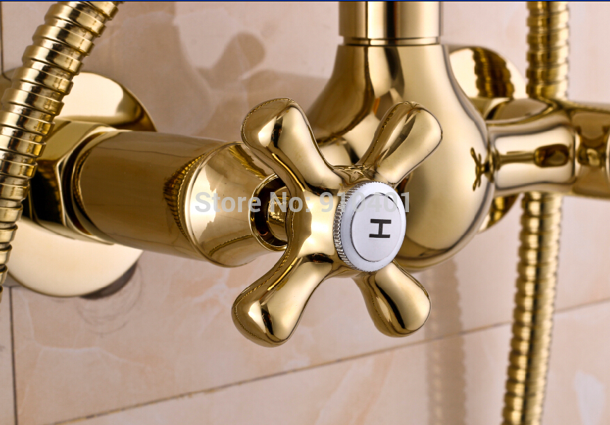 Wholesale And Retail Promotion NEW Wall Mounted Golden Brass Rain Shower Fuacet Dual Cross Handles Mixer Tap