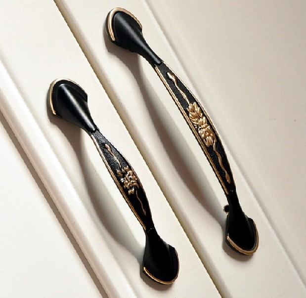 Black Golden Edge Carving Cabinet Wardrobe Knob Drawer Door Pulls Handles 96mm 3.78