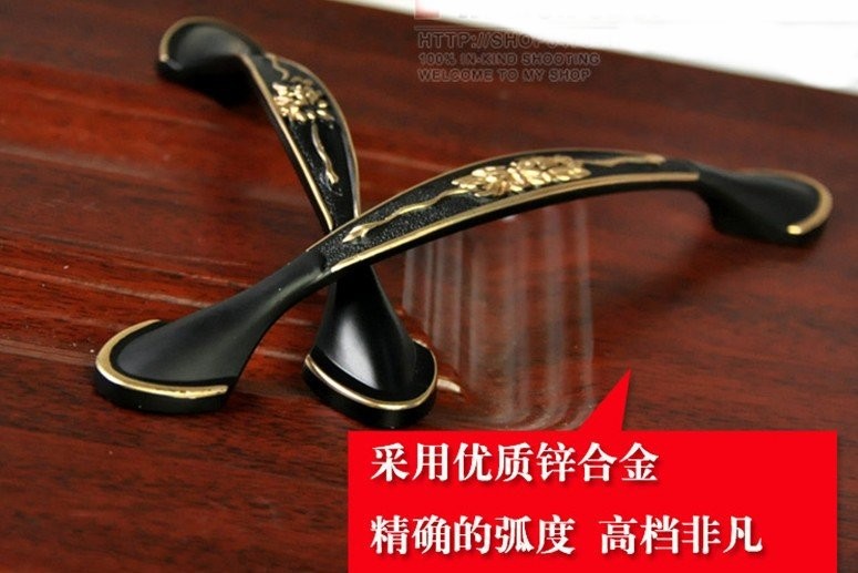 Black Golden Edge Carving Cabinet Wardrobe Knob Drawer Door Pulls Handles 96mm 3.78" MBS253-1