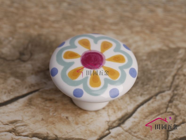 Colorful Lovely Cute Sun Floral Handle Cabinet Cupboard Drawer Ceramic Knob Pulls MBS026-4