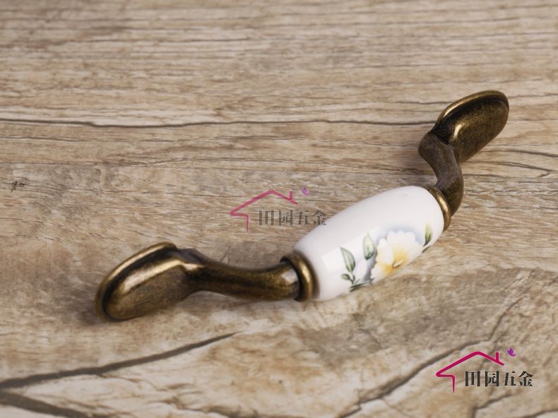 Yellow Camellia Cabinet Wardrobe Cupboard Drawer Pulls Ceramic Handles Bronze MBS085-3