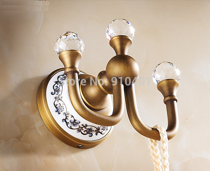 Wholesale And Promotion Crystal Ceramic Style Bathroom Antique Brass Bathroom Hooks Dual Robe Hangers