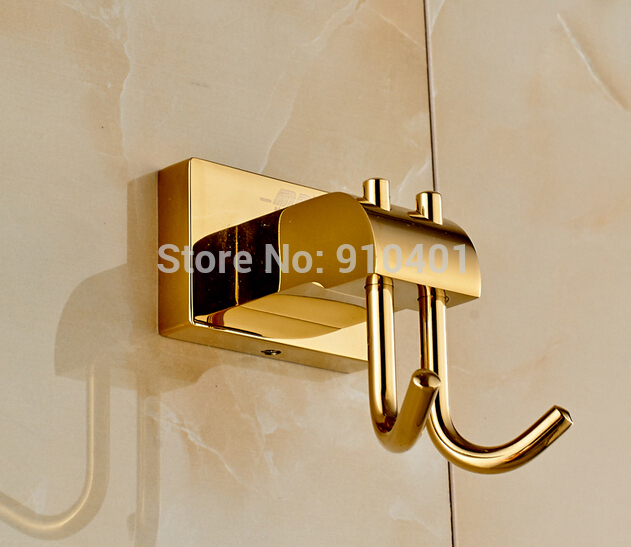 Wholesale And Retail Promotion Golden Brass Square Wall Mounted Bathroom Row Hook Towel Clothes Hat Dual Pegs